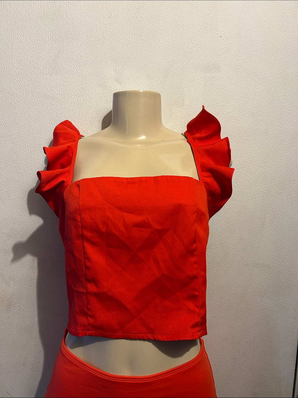 TCEC Red Ruffle-Strap Square Neck Crop Top